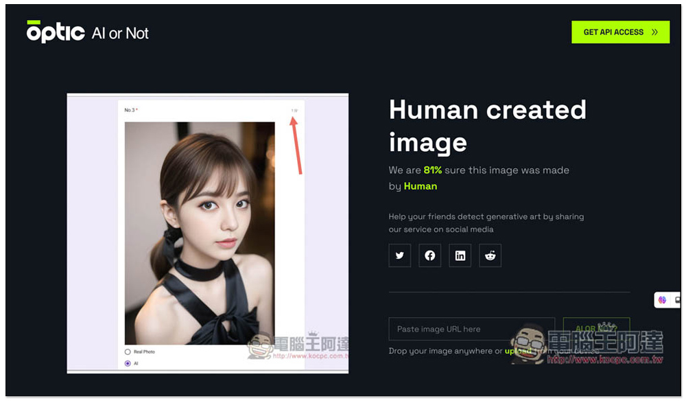 Optic AI or Not 檢測圖片是否為 AI 產生，還告訴你可能是用什麼繪圖工具，標榜準確度達 95% - 電腦王阿達