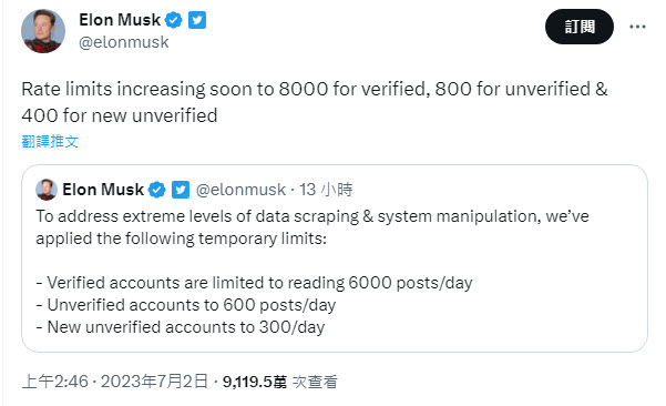 馬斯克表示Twitter將限制用戶每日瀏覽數 - 電腦王阿達