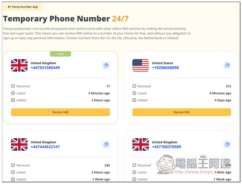 Temporary Number 標榜沒被過渡使用，經常更新的免費臨時手機號碼服務 - 電腦王阿達