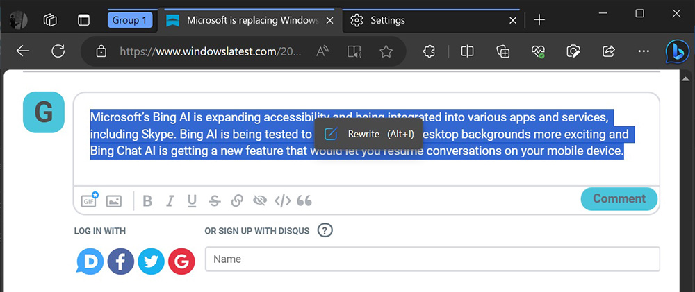 Microsoft Edge 正在測試一項全新「AI 寫作」功能，使用 ChatGPT 和 Bing AI - 電腦王阿達