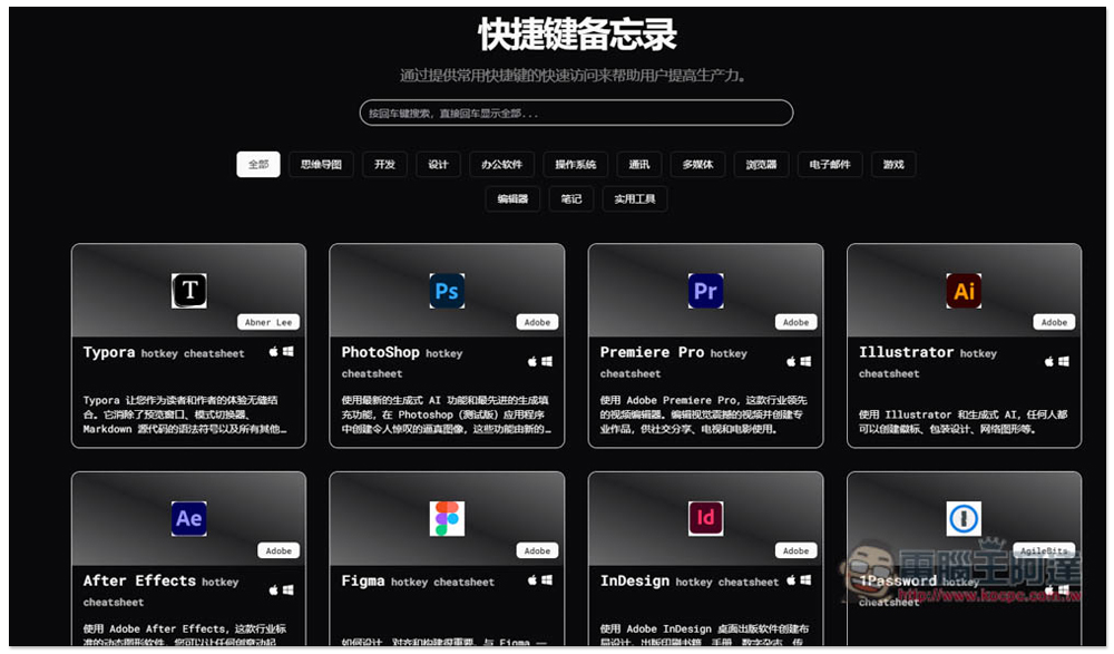 「快捷鍵備忘錄」輕鬆查詢各大軟體的常用快捷鍵，提升你的使用效率 - 電腦王阿達