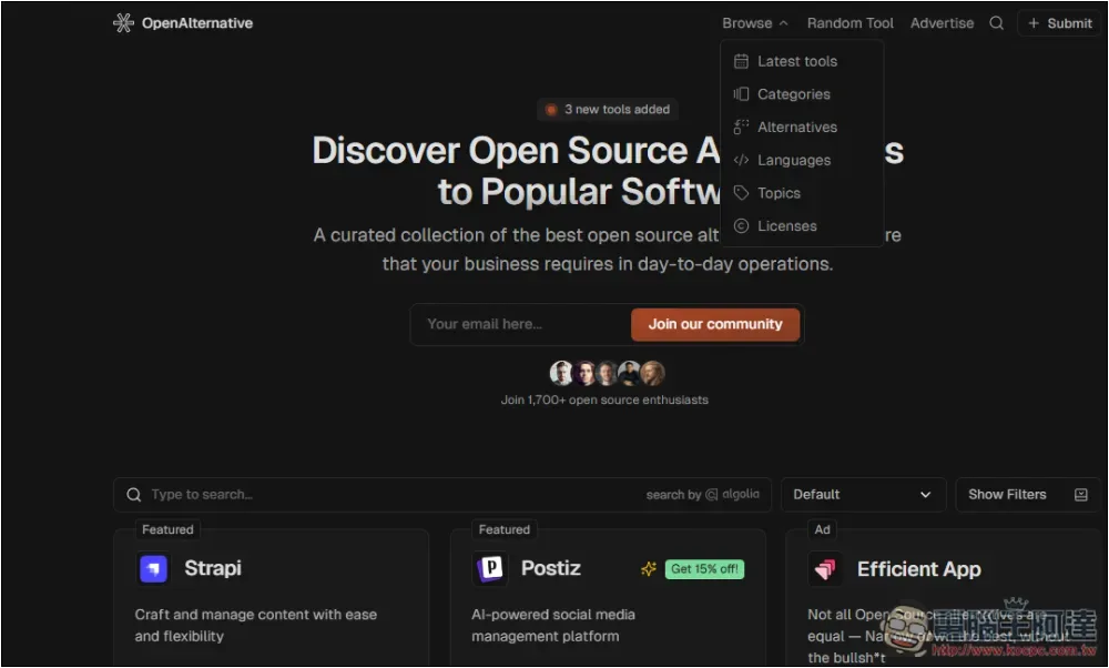 OpenAlternative 集結超過 400 款免費開源工具，輕鬆找到付費版的替代品 - 電腦王阿達
