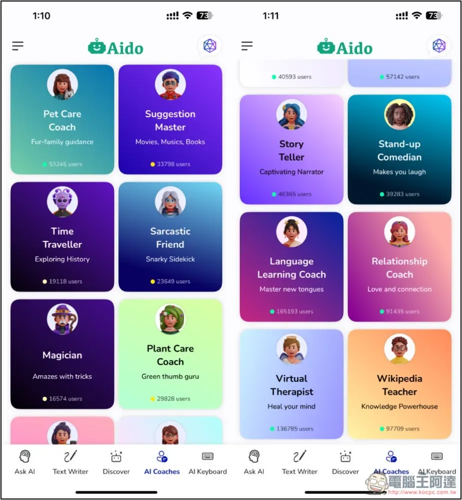 Aido AI 聊天機器人 App 終身版限免！內建多個 AI 教練、文字創作等工具 - 電腦王阿達