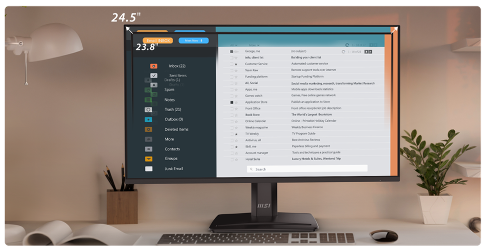 面板尺寸上讓視覺體驗升級至 24.5 吋顯示畫面，搭配四邊窄邊框設計，增強了顯示效果的沉浸感
