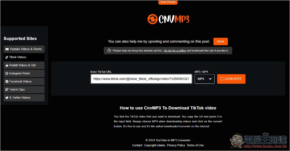 CNVMP3 無廣告，一鍵下載 YouTube、Tiktok、IG、FB 等網站影片、音樂的免費線上工具 - 電腦王阿達